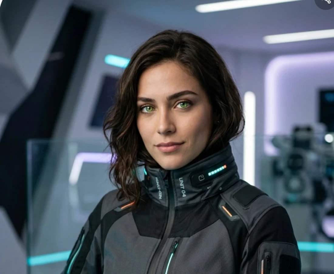 Retrato de Esperanza en un escenario futurista